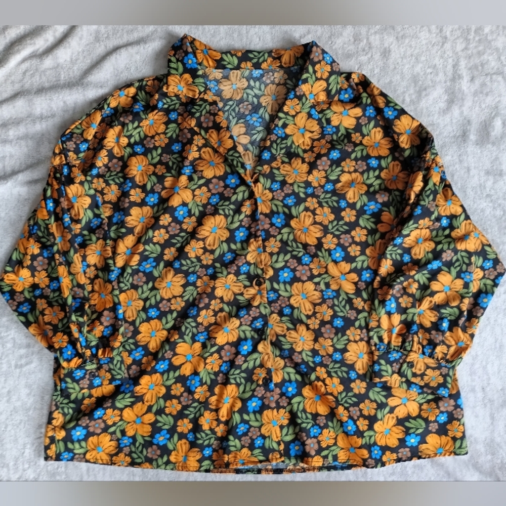 Shein | Size 3X Black Floral Blouse with Orange & Blue Flowers